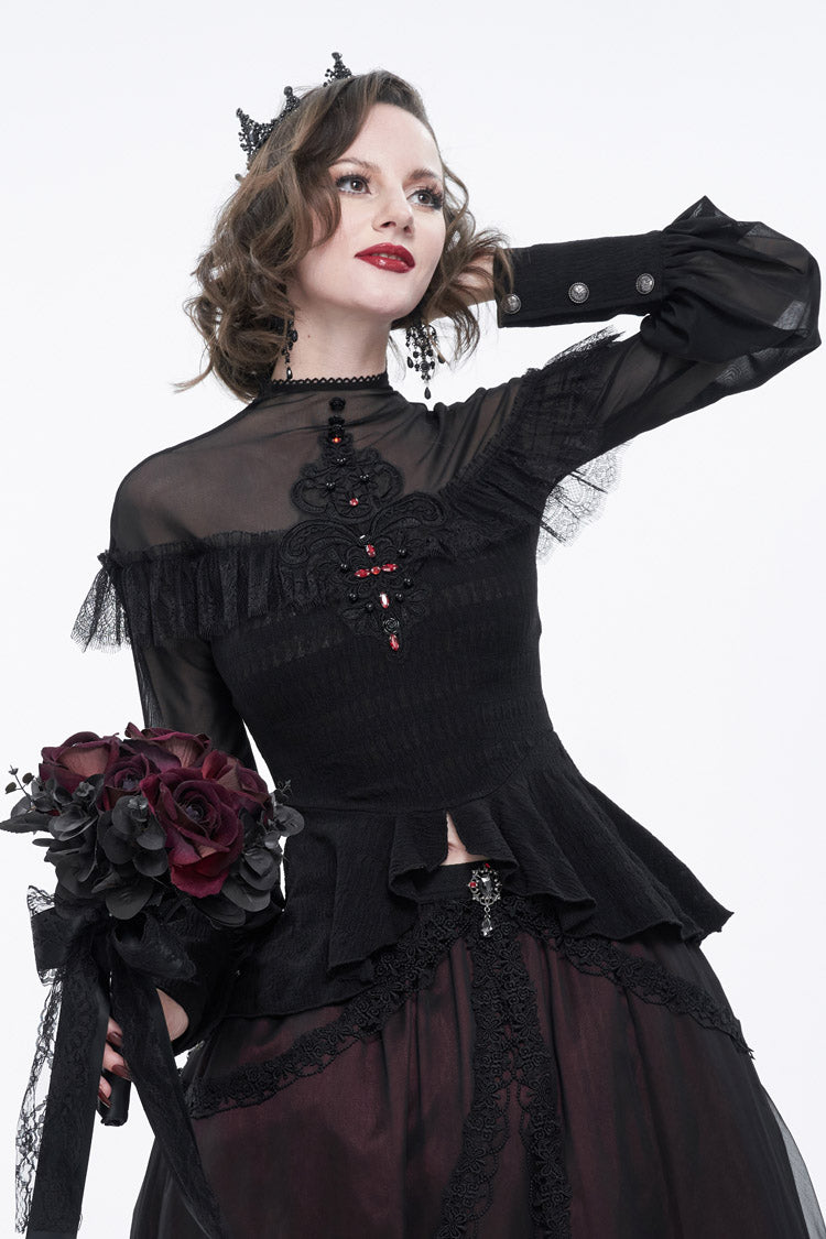 Black Retro Perspective Sexy Turtleneck Lace Panel Mesh Lantern Sleeve Women's Gothic T-Shirt - Product - 4