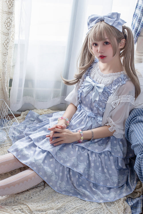 Polka Dot Print Sleeveless Bowknot Multi-Layer Ruffled High Waisted Sweet Lolita Tiered JSK Dress - Product - 7