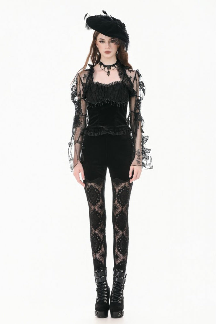 Black Women's Gothic Retro Embroidered Sheer Lace Patchwork Slim Leggings - Product - 5