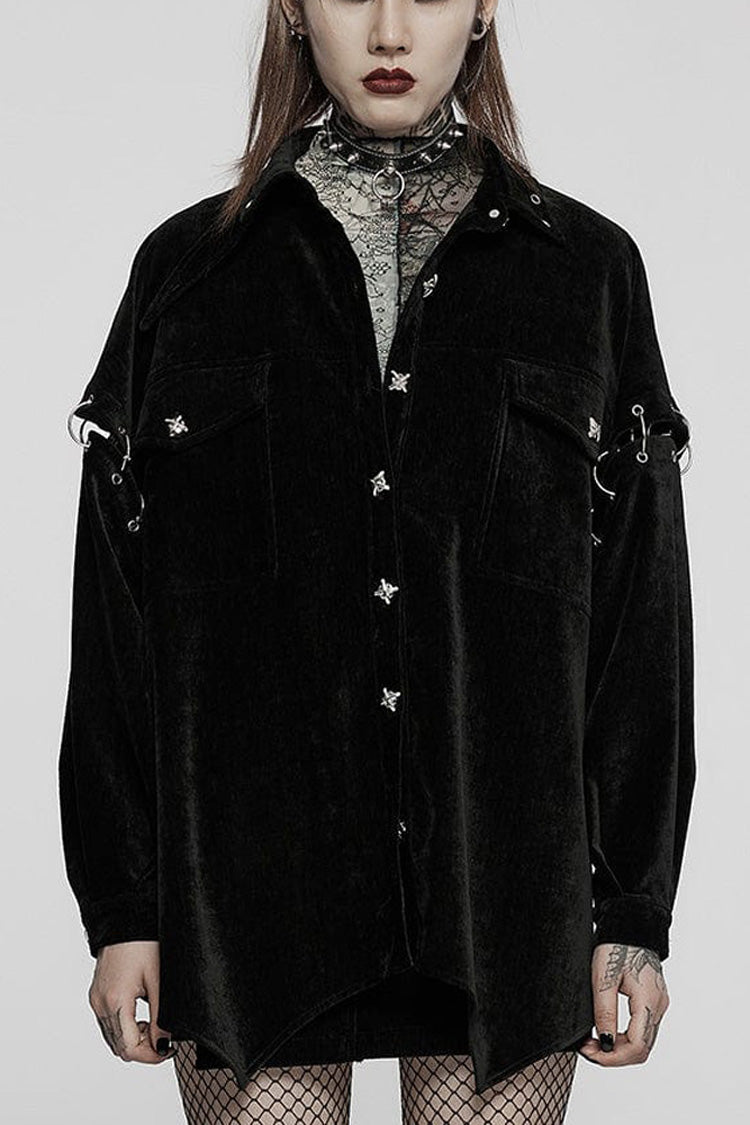 Black Punk Loose Velvet Two Way Split Detachable Long Sleeve Irregular Hem Long Pocket Women's Shirt - Black - 1