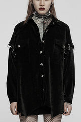 Black Punk Loose Velvet Two Way Split Detachable Long Sleeve Irregular Hem Long Pocket Women's Shirt - Black - 1