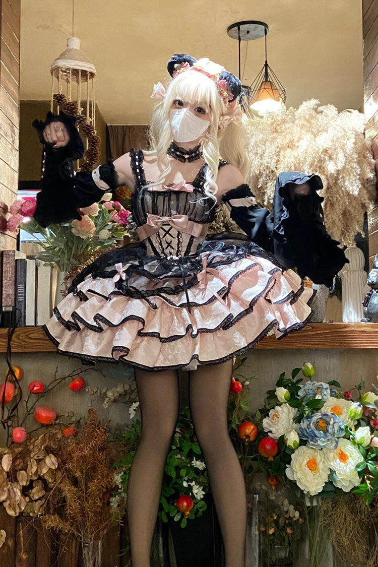 ブラック／ピンク ノースリーブ 多層 フリル リボン レースアップ ゴシック プリンセス ロリータ ジャンパースカート（JSK） 商品画像