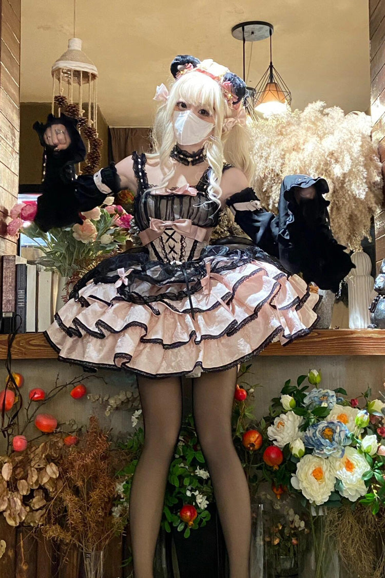 Black/Pink Sleeveless Multi-layer Ruffle Bowknot Lace-Up Gothic Princess Lolita Jsk Dress - Product - 5