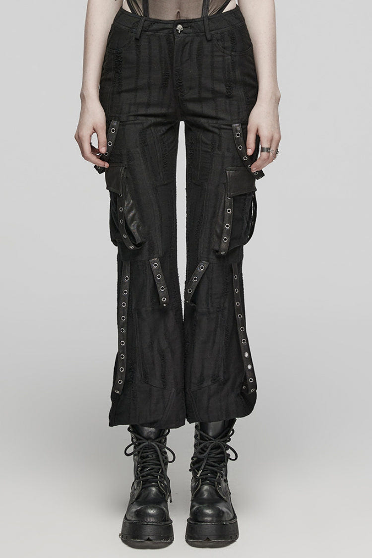 Black Eyelet Pocket Knitted Women's Steampunk Loose Pants - Black - 1