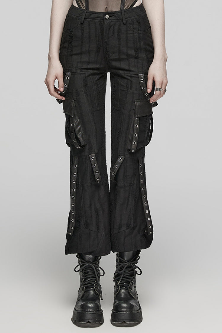 Black Eyelet Pocket Knitted Women's Steampunk Loose Pants - Black - 1