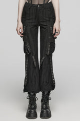 Black Eyelet Pocket Knitted Women's Steampunk Loose Pants - Black - 1