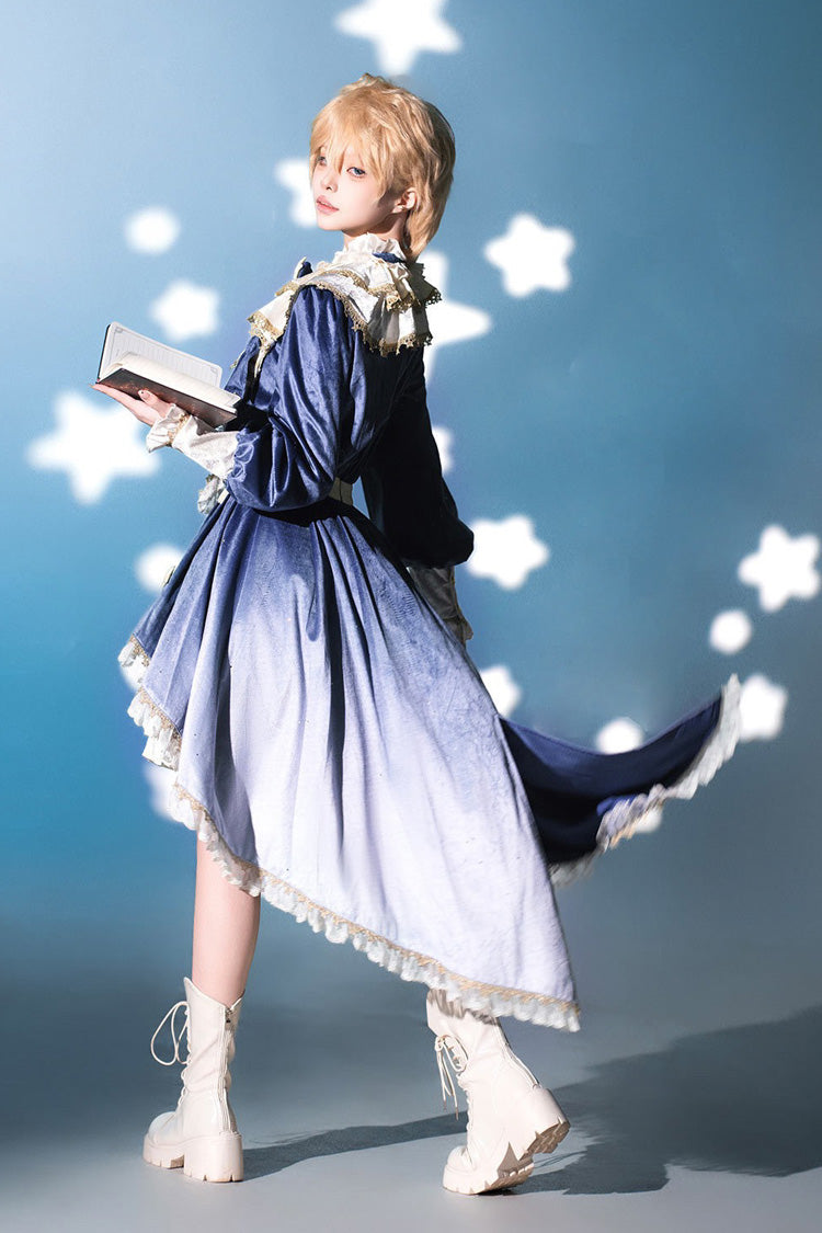 Blue Long Sleeves Ombre Ruffled Bow Ouji Gothic Lolita Swallowtail Dress Shorts Set - Product - 8