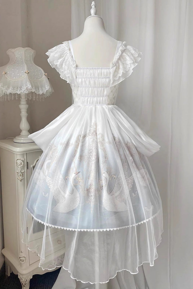 White/Blue [Flower and Letter] Swan Lake Print Ruffle Bowknot Elegant Lolita Jsk Dress - Product - 2