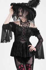 Black Halterneck Long Sleeves Hollow Lace-Up Mesh Women's Gothic Blouse - Black - 1