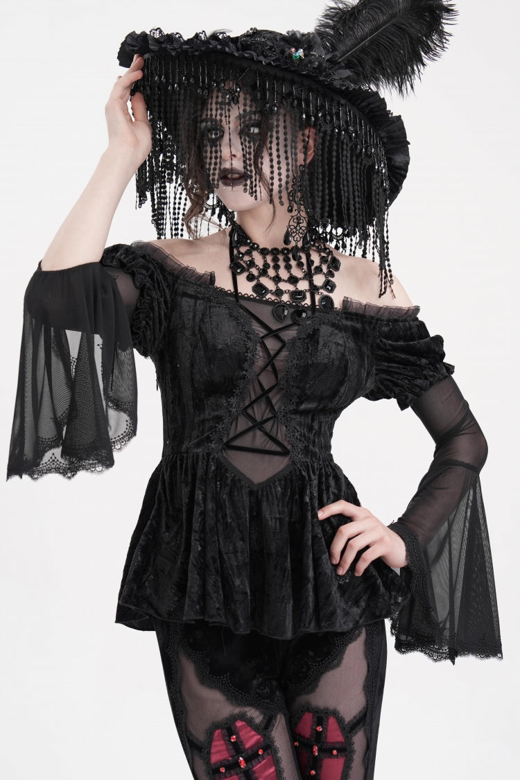 Black Halterneck Long Sleeves Hollow Lace-Up Mesh Women's Gothic Blouse - Black - 1