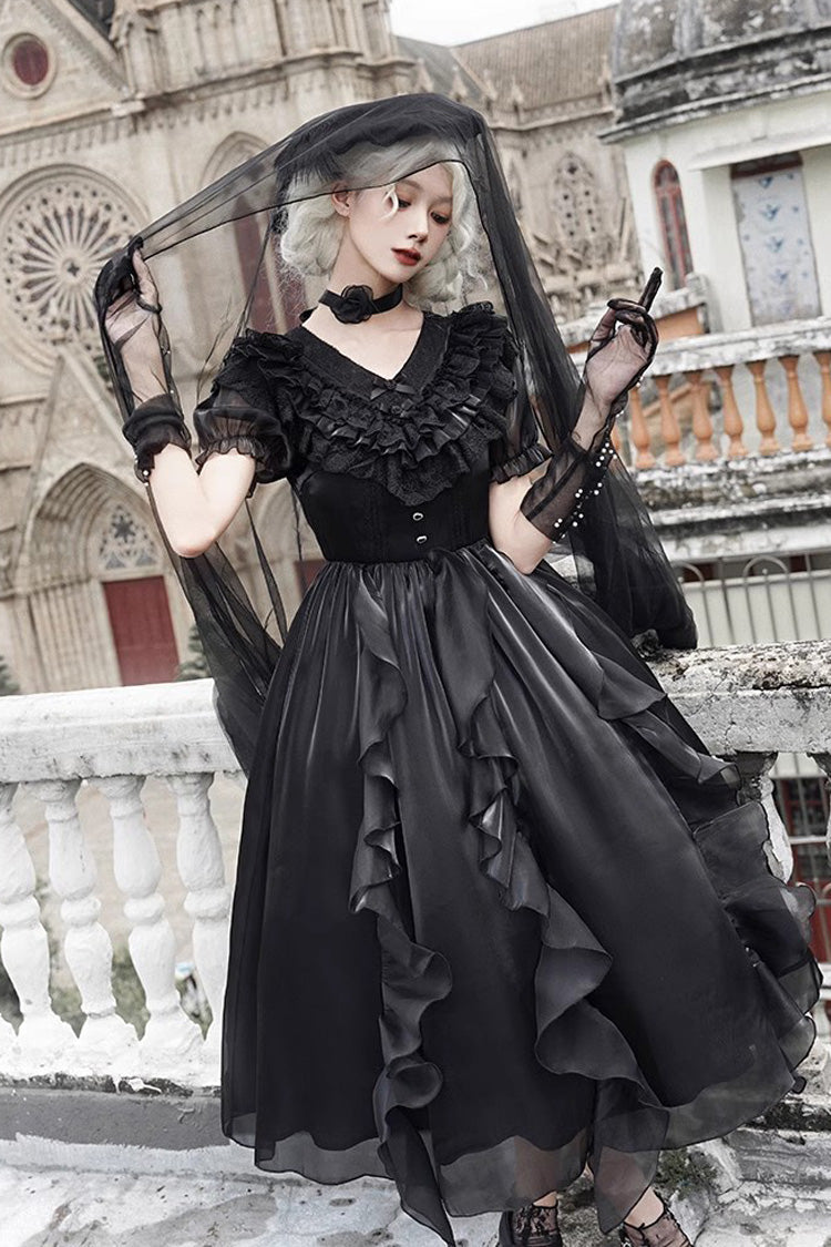 Black V-Neck Lace Cla Daily Short Puff Sleeves Gothic Lolita Dress - Product - 9