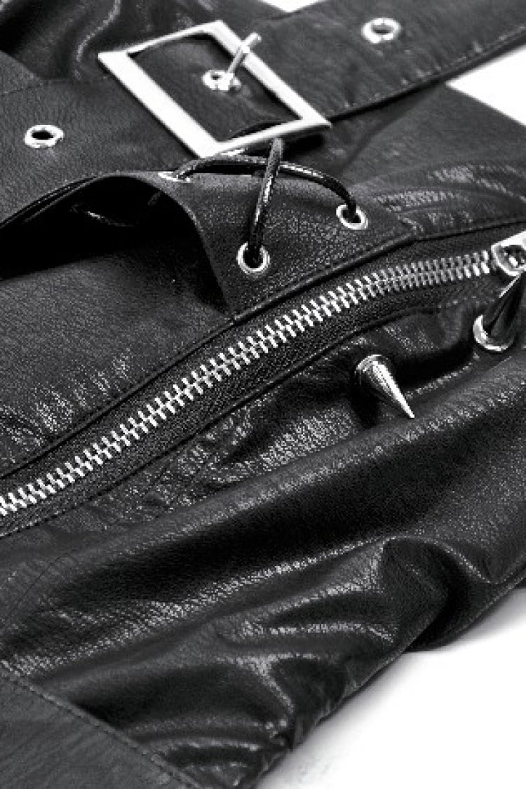 Black Sleeveless Single Shoulder Strap Straps Diagonal Zipper Studded Women'S Punk Faux Leather Vest - Product - 17