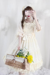 Beige Lace Cool Angel Short Sleeves Bowknot Ruffle Sweet Lolita Dress - Product - 8