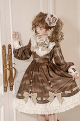 Brown [Chocolate Cat] Print Long Sleeves Ruffle Bowknot Sweet Lolita Dress - Product - 2