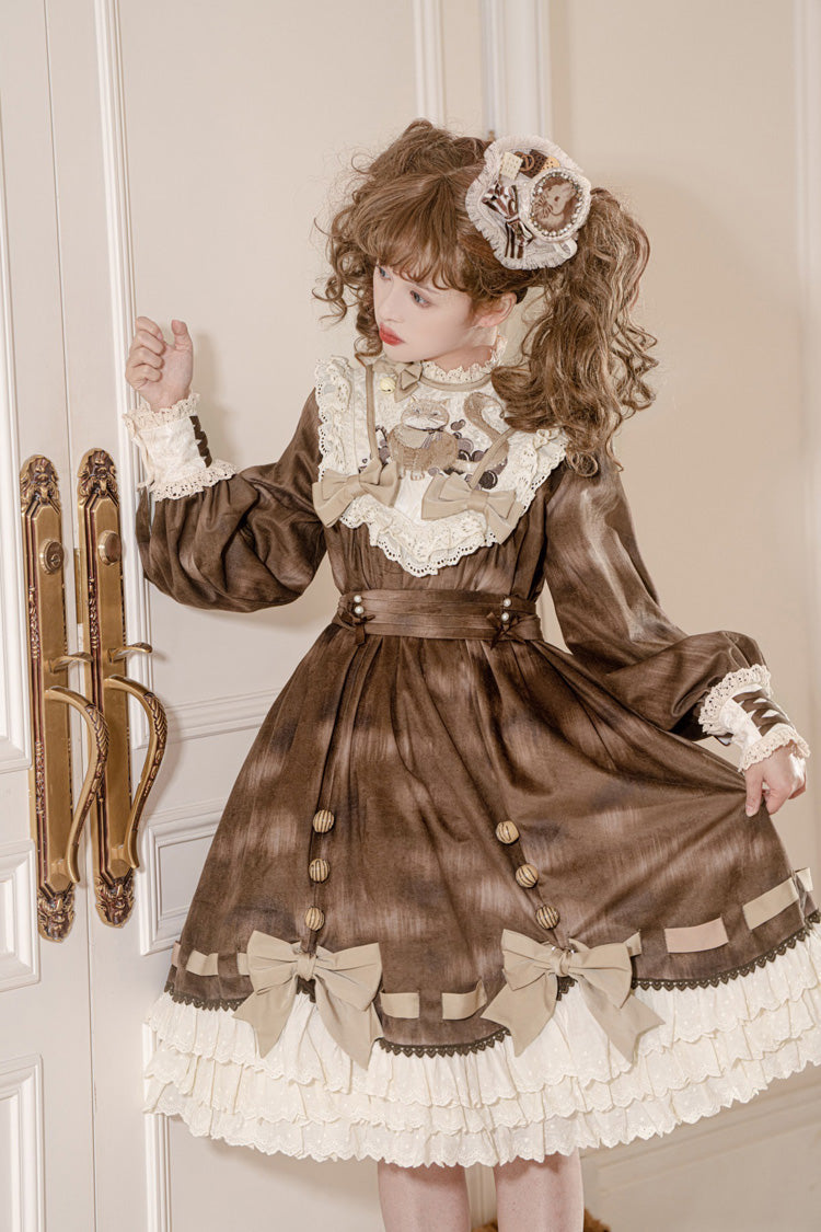 Brown [Chocolate Cat] Print Long Sleeves Ruffle Bowknot Sweet Lolita Dress - Product - 2