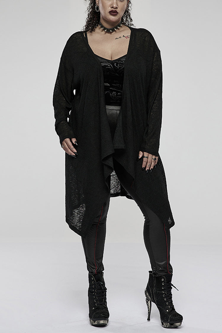 Black Soft Knitting Mottled Texture Asymmetric Hem Skull Decal On The Back Women's Plus Size Gothic Jacket - Black - 1