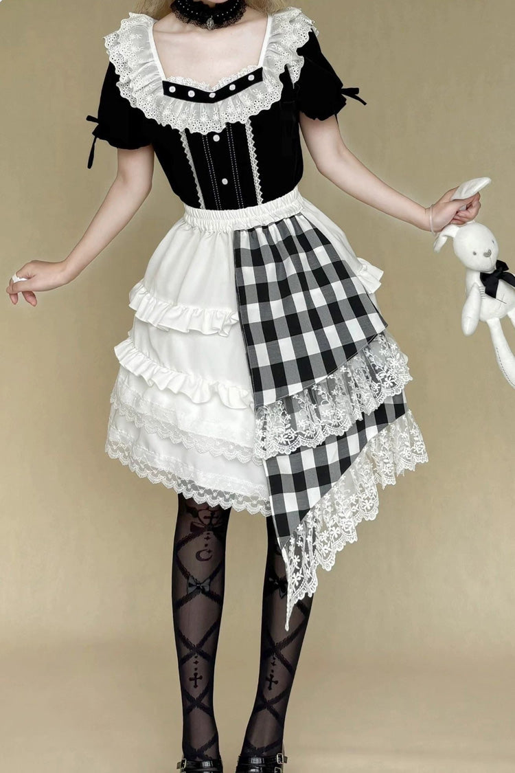 Black/White Short Sleeves Plaid Printed Lace Irregular Asymmetric Gothic Lolita Skirt Set - Skirt(Only) - 4