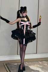 Black [Kitten Sweetheart] Multi-Layered Ruffled Bow Lace-Up Princess Ballet Gothic Lolita Jsk Dress - Product - 10