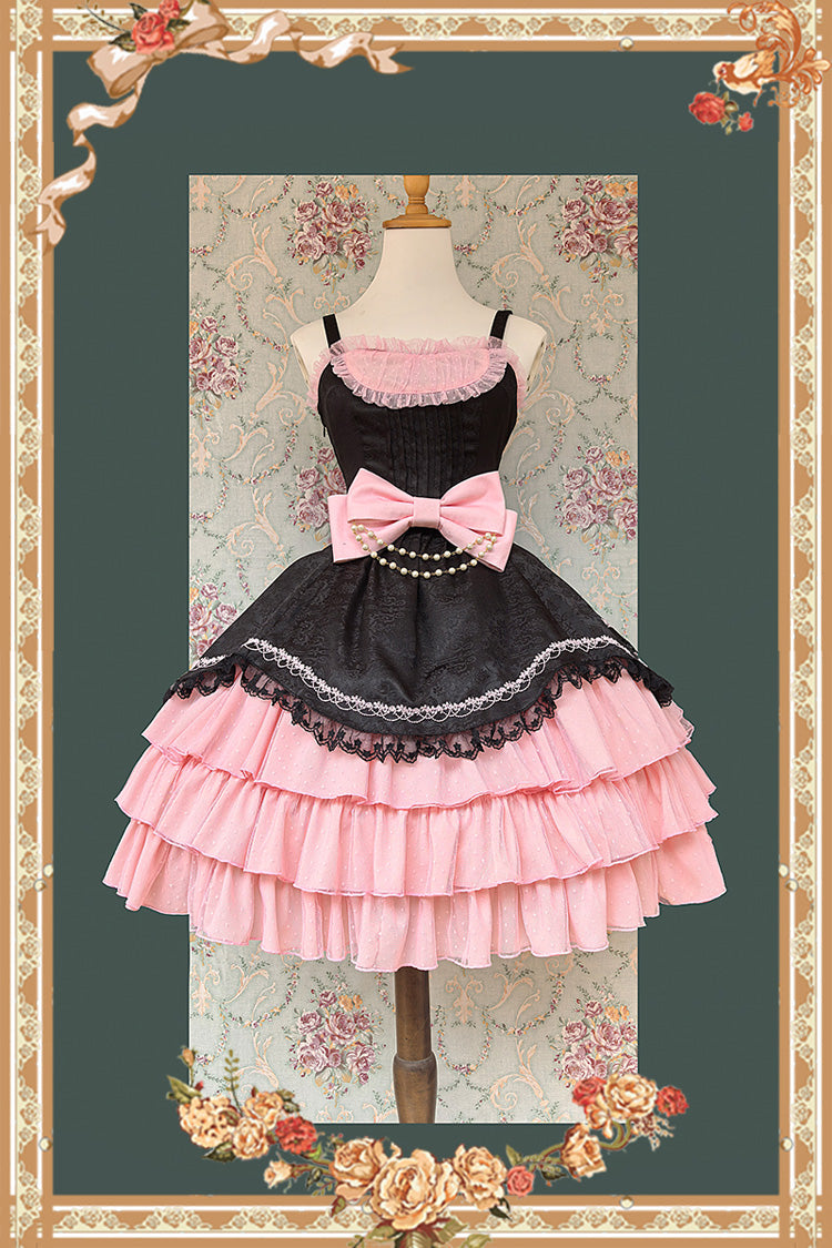 [Pearl Box] Sleeveless Triple-Layered Bowknot Lace Slim Pearl Sweet Elegant Lolita Jsk Dress 3 Colors - Black/Pink - 9