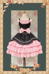 [Pearl Box] Sleeveless Triple-Layered Bowknot Lace Slim Pearl Sweet Elegant Lolita Jsk Dress 3 Colors - Black/Pink - 9