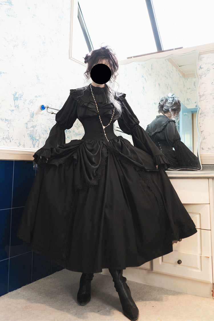 Black [Sleepwalking] Long Hime Sleeves Stitching Lace Plus Size Gothic Elegant Lolita Skirt Set - Product - 8