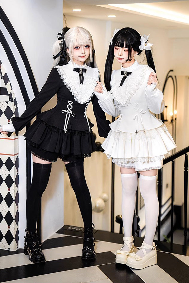 White Long Sleeves Ruffle Lace-Up Sweet Handsome Lolita Dress - Product - 6