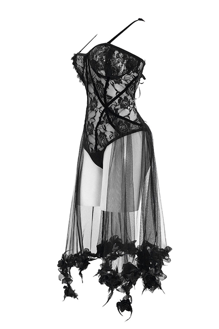 Black Translucent Rose Lace Mesh Hem Sling Women's Gothic Jumpsuit - Product - 8