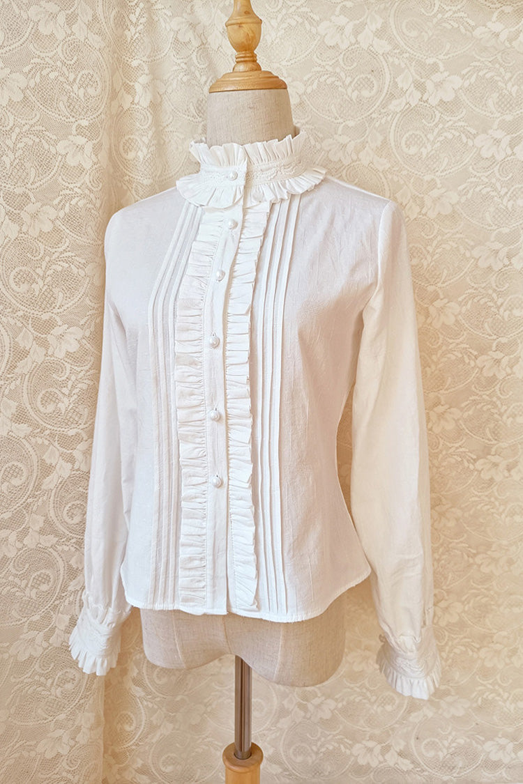 White Stand Collar Long Sleeves Ruffled Bow Sweet Lolita Blouse - White - 1