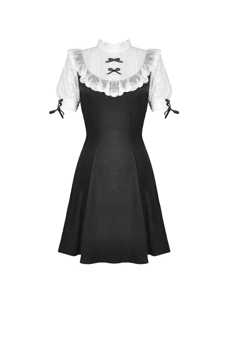 Black/White Stand Collar Short Sleeves Ruffled Women's Sweet Gothic Lolita Doll Midi Dress - Product - 3