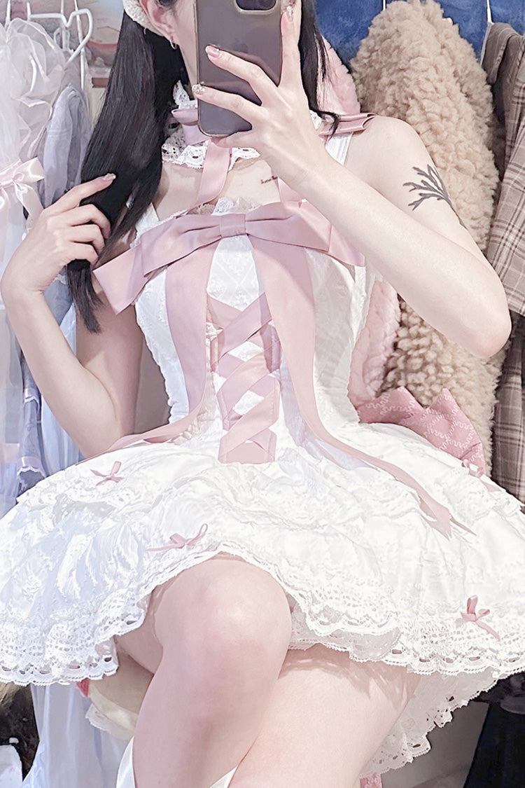 Pink/White Ribbon Embroidery Bowknot Lace-Up Sweet Elegant Princess Lolita Dress - Product - 10