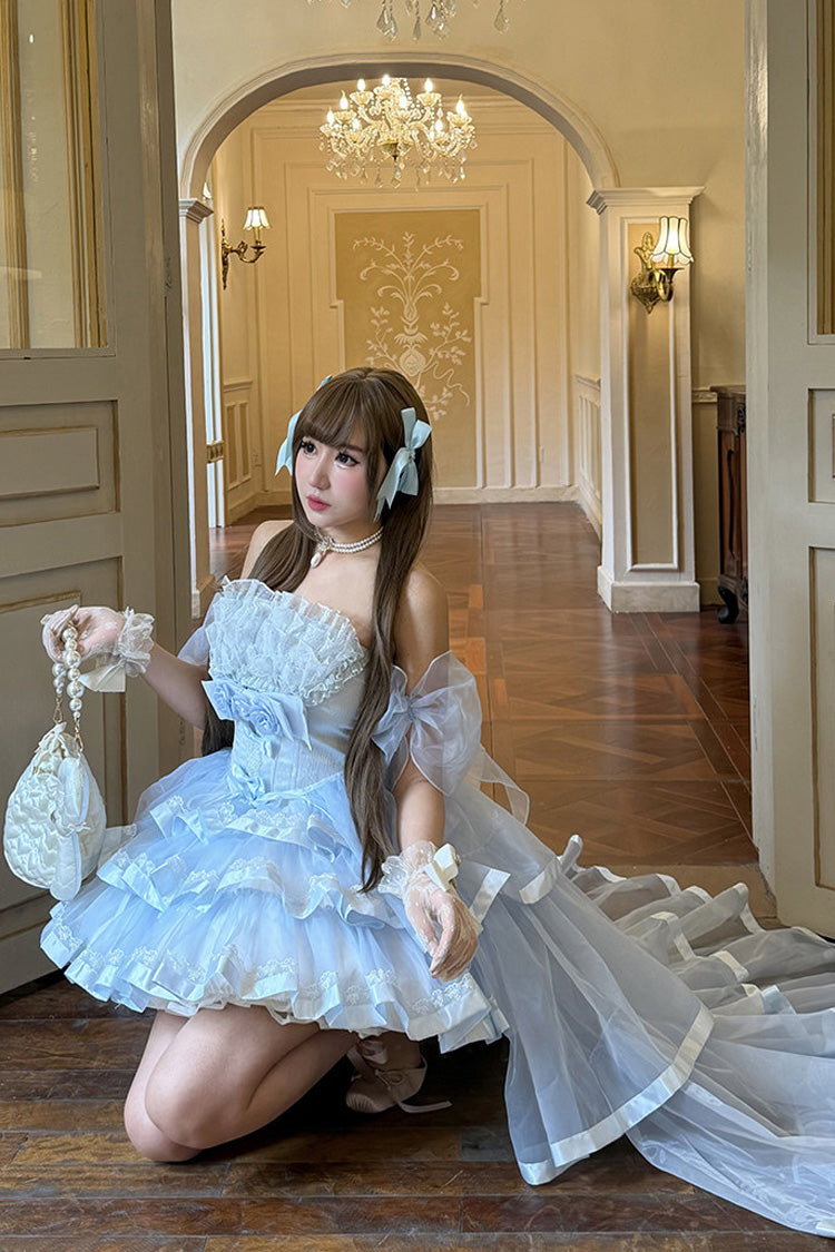 Blue [Mousse Love Song] Off Shoulder Sleeveless Triple-Layered Ruffled Hanayome Bow Sweet Elegant Ballet Lolita Short Dress Set - Product - 8
