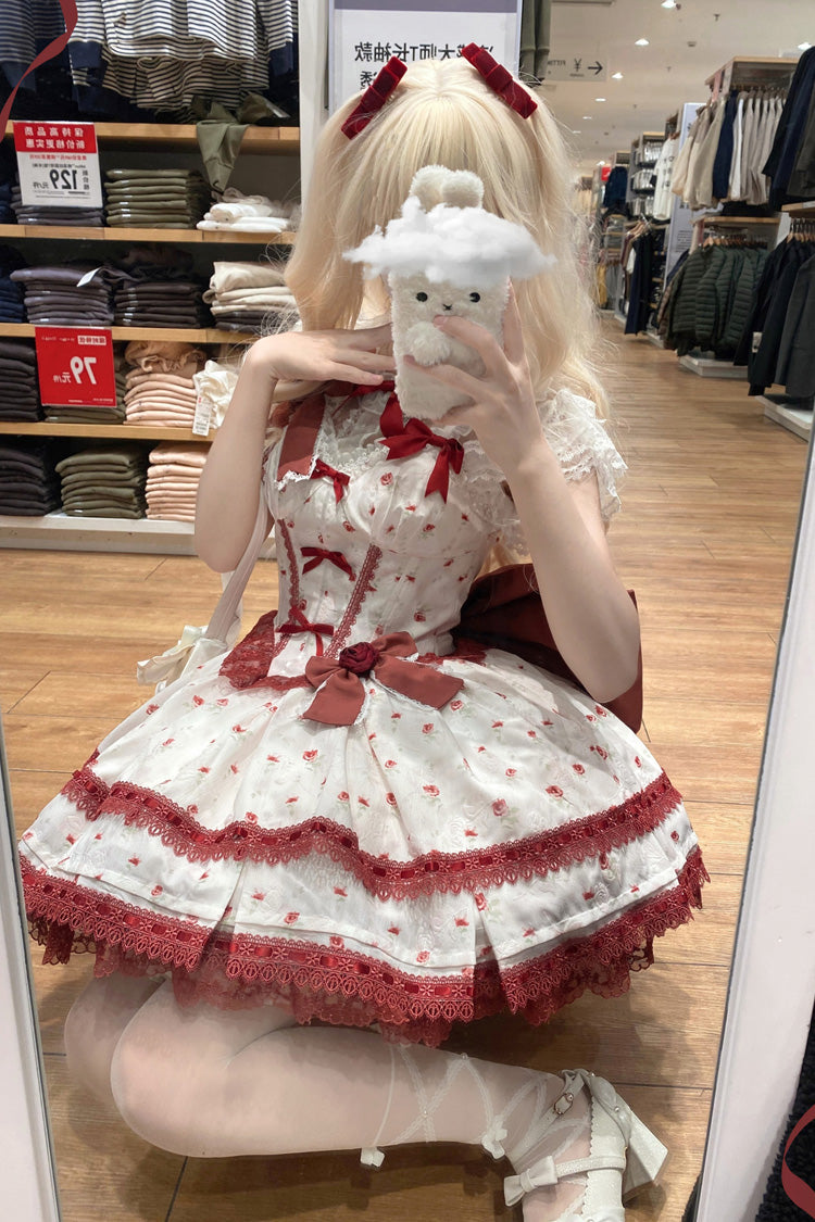 Wine Red [First Love Rose] Multi-Layered Print Ruffle Bowknot Lace Sweet Lolita Jsk Dress Set - Product - 8