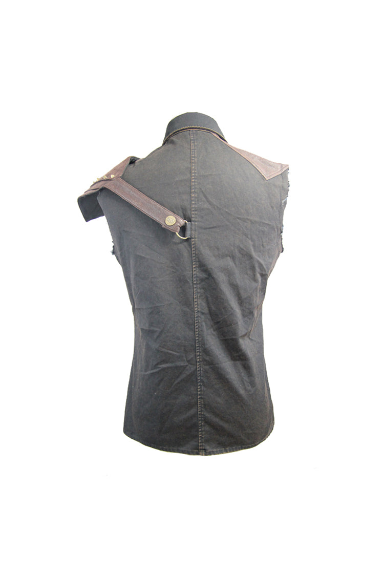 Black Twill Brown One Shoulder Armor Heat Seal Hasp Sleeveless Men's Punk Shirt - Product - 8