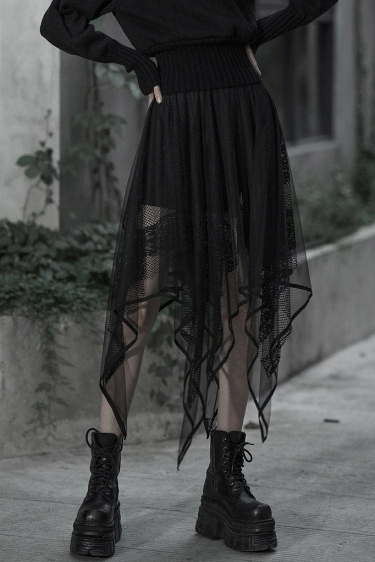Black Embroidery Lace Asymmetric Hem Women's Gothic Skirt - Black - 1