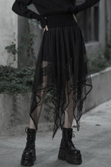 Black Embroidery Lace Asymmetric Hem Women's Gothic Skirt - Black - 1