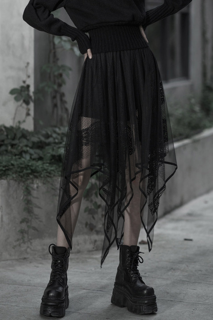 Black Embroidery Lace Asymmetric Hem Women's Gothic Skirt - Black - 1