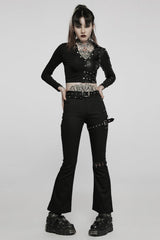 Black Hollow Lace Slim Detachable Belt Women's Steampunk Flared Leggings - Product - 4