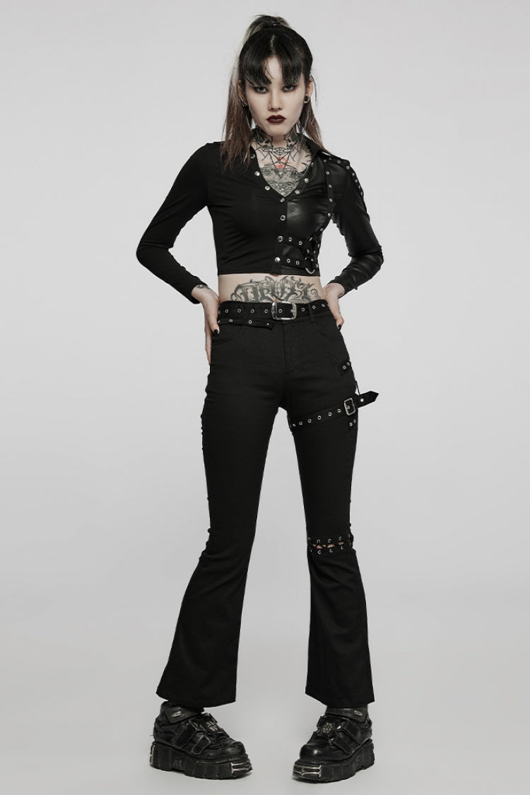 Black Hollow Lace Slim Detachable Belt Women's Steampunk Flared Leggings - Product - 4