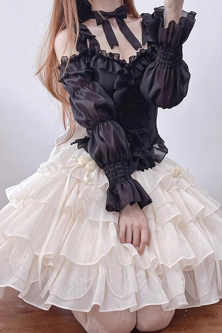 Black/Apricot Multi-layer Ruffle Sweet Princess Lolita Skirt Set - Product - 3