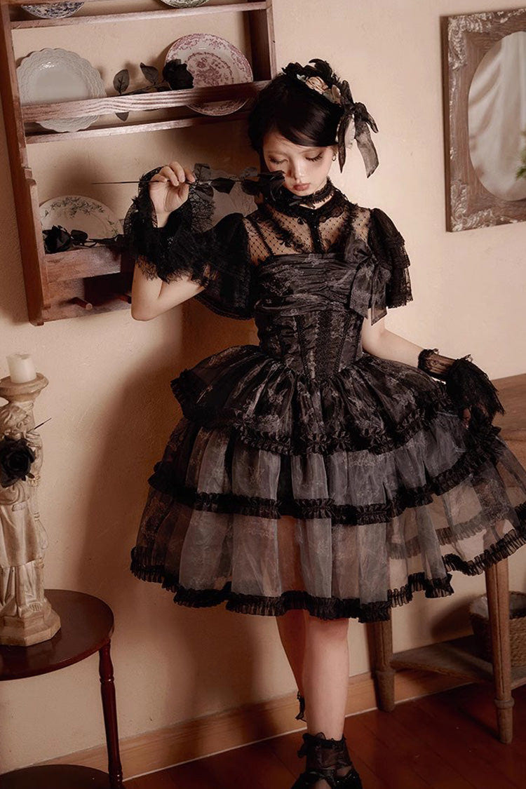 Black Multi-layer Butterfly Print Bowknot Lace Fish Bone Gothic Lolita Jsk Dress - Product - 8