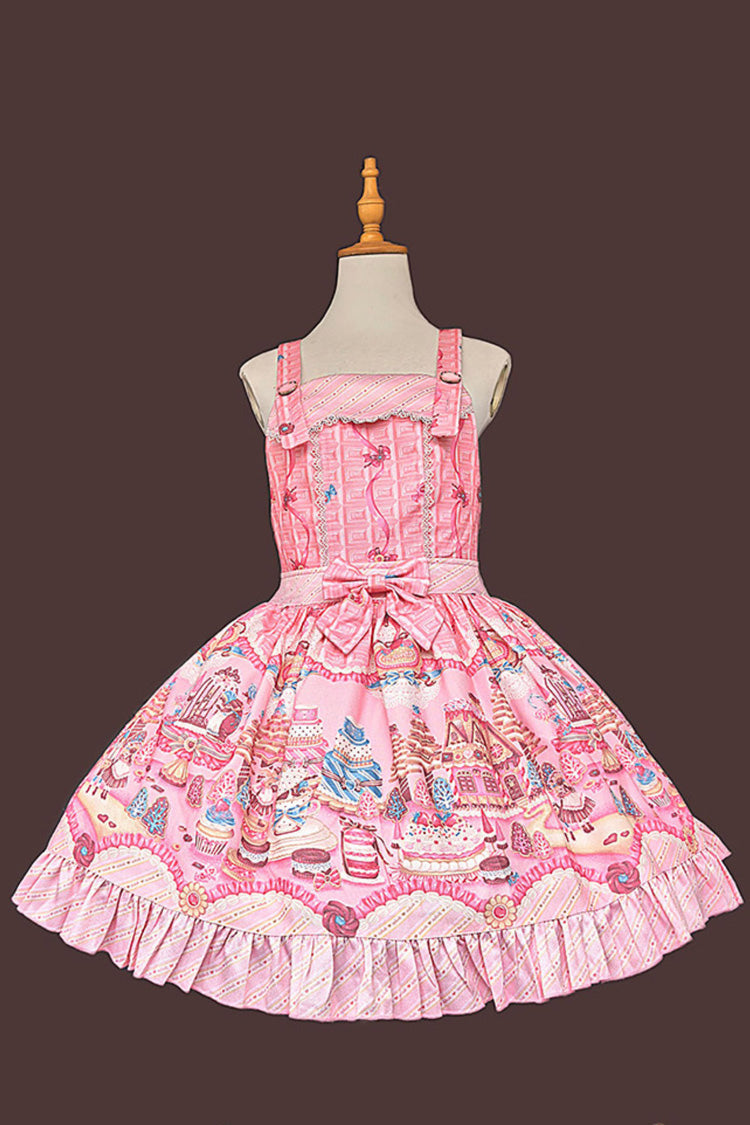 Pink [Candy House] Square Collar Sleeveless Printed Ruffled Bow Sweet Lolita Strap Dress - Pink - 1