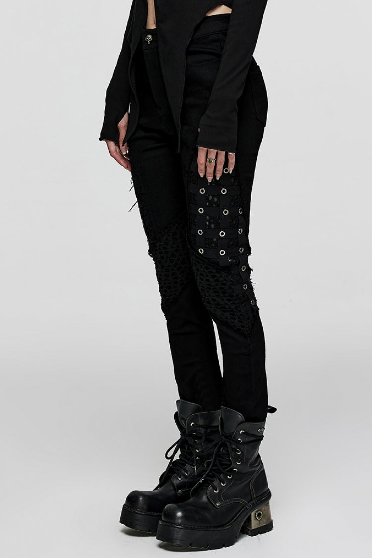 Black Stitching Slim Mesh Metal Eyelet Decoration Women's Steampunk Pants - Product - 2
