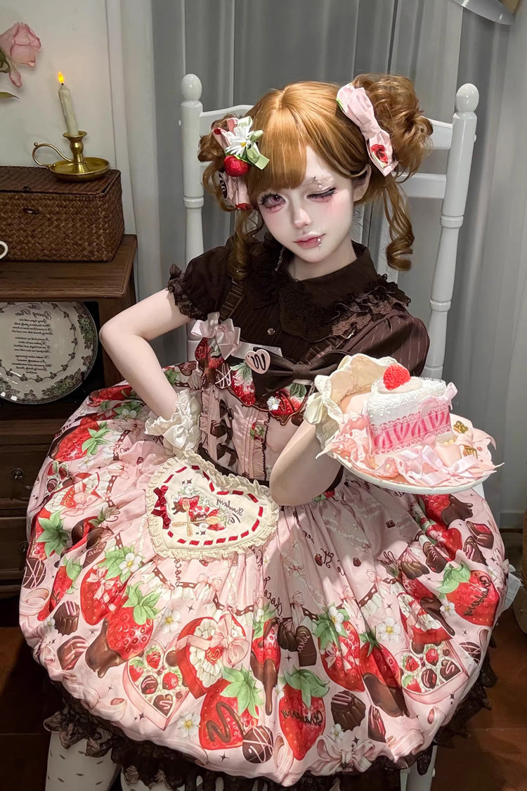 Pink [Strawberry Chocolate Lover] Sleeveless Printed Ruffled Embroidered Bow Lace Sweet Lolita Strap Dress - Pink - 1