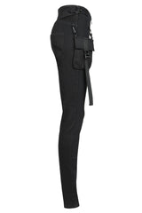 Black Functional Tooling Style Pocket Belt Trim V-Shaped Split Zipper Women's Punk Trousers - Product - 5
