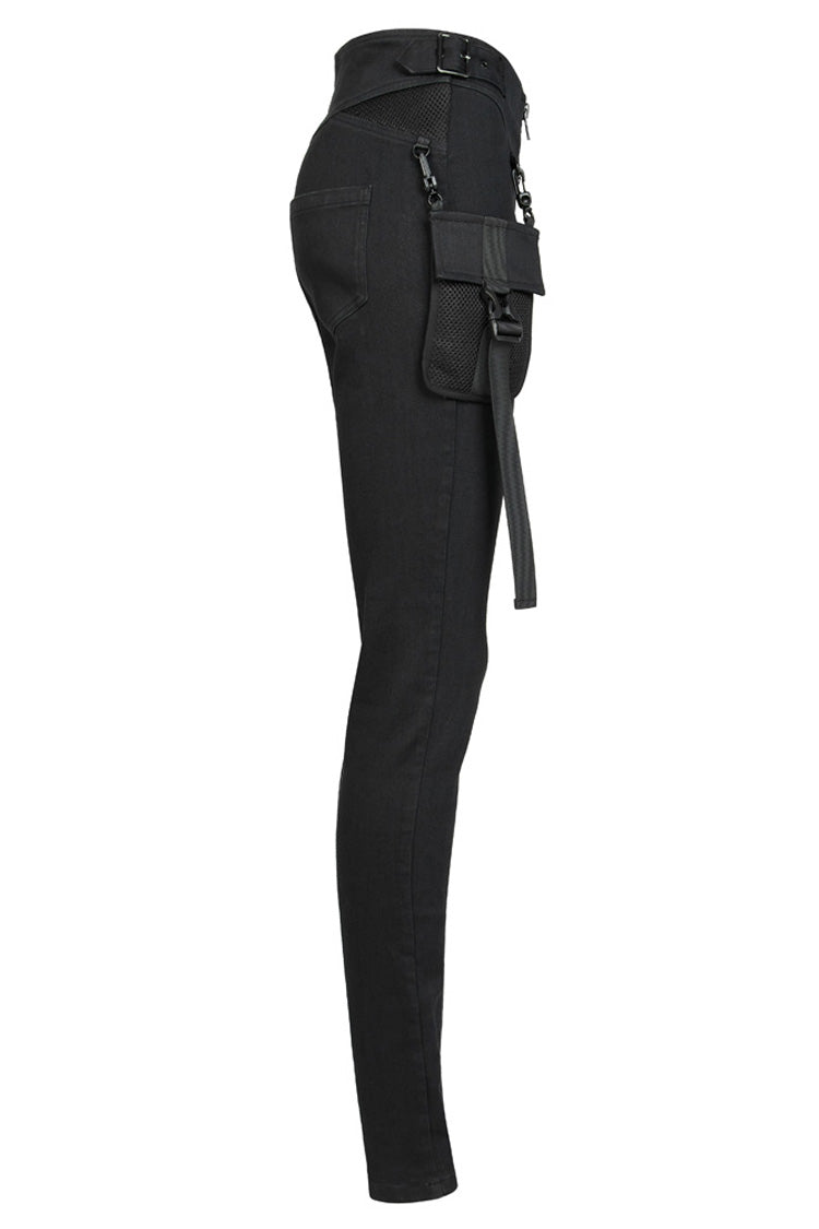 Black Functional Tooling Style Pocket Belt Trim V-Shaped Split Zipper Women's Punk Trousers - Product - 5