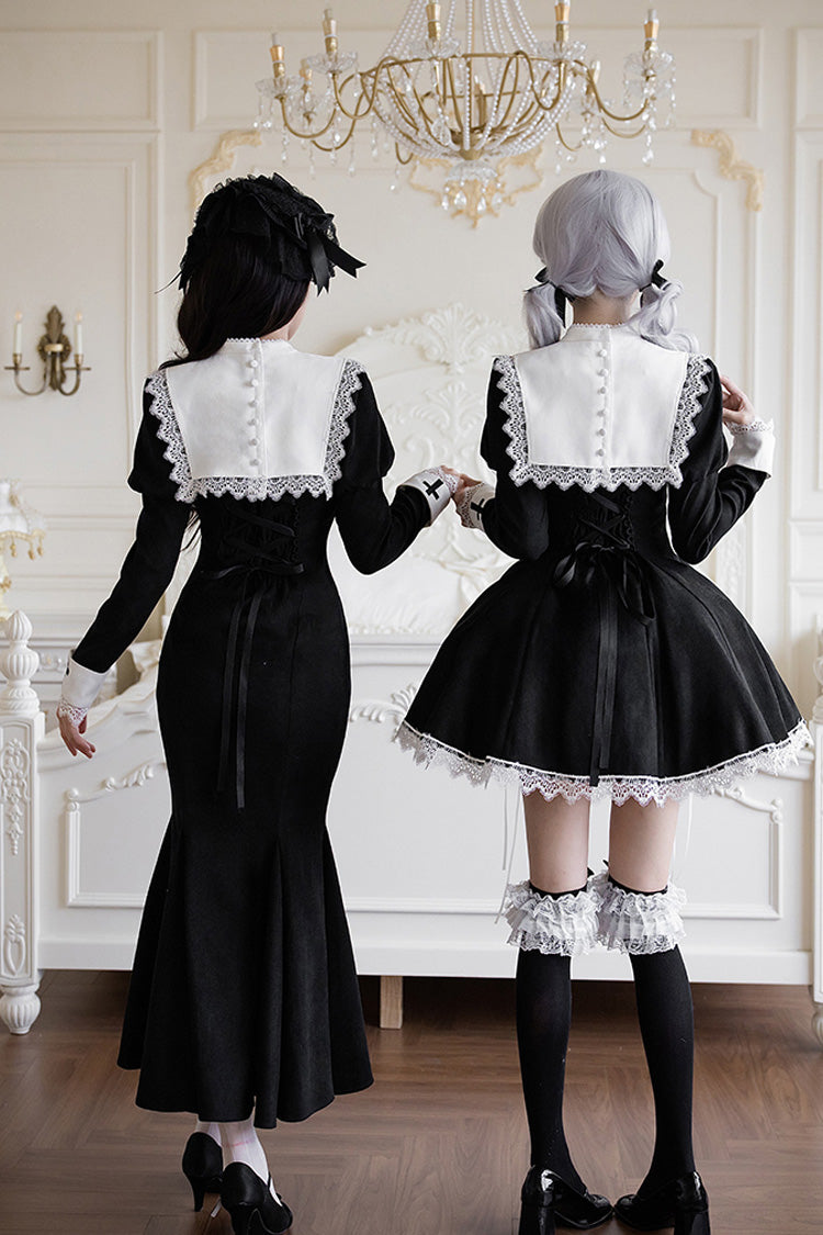 Black/White [Rose Doll] Square Collar Long Sleeves Bowknot Lace-Up Gothic Lolita Dress Set 2 Versions - Product - 4