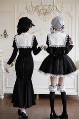 Black/White [Rose Doll] Square Collar Long Sleeves Bowknot Lace-Up Gothic Lolita Dress Set 2 Versions - Product - 4
