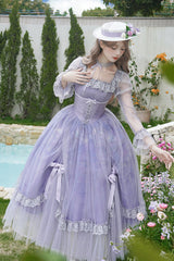 Purple Square Collar Long Sleeves Ruffle Bowknot Lace Fishbone Sweet Lolita Dress - Product - 5