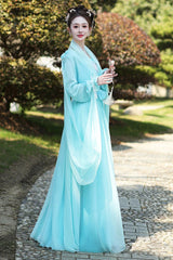Blue Long Sleeves Print Embroidery Women's Sweet Classic Hanfu Dress Full Set - Product - 4
