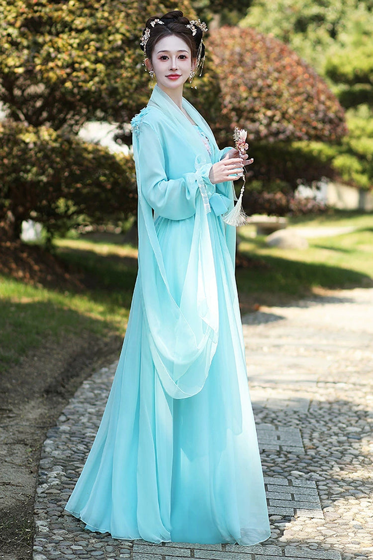 Blue Long Sleeves Print Embroidery Women's Sweet Classic Hanfu Dress Full Set - Product - 4